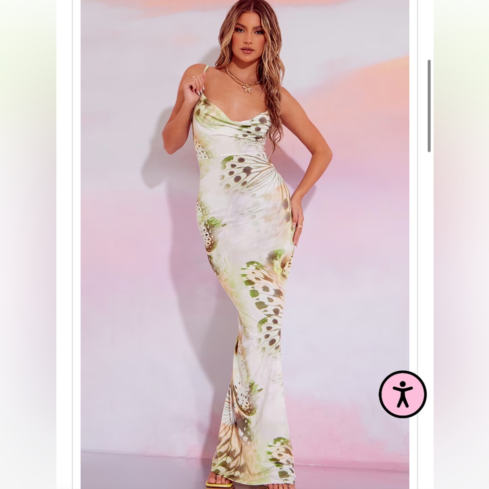 Green Butterfly Print Slinky Cowl Maxi Dress